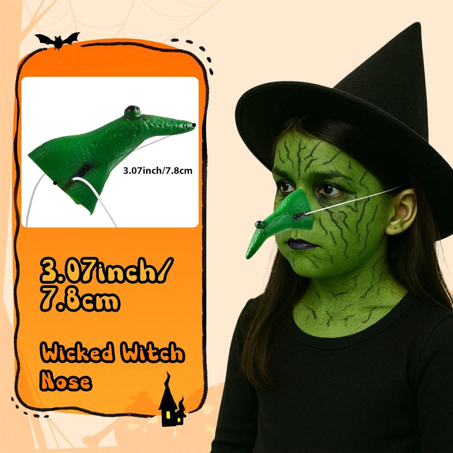 Halloween Green Witch Makeup Kit,1.01oz Water Based Green Face Body Paint+Witch Fake Nose+Black Eye black+Sponge,Elphaba Cosplay Costume for Kids & Adults,Safe Face Painting SFX Makeup Kit