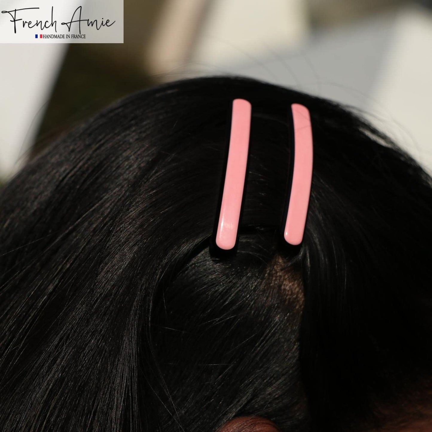 French Amie Rounded Oblong Small 2.5" Cellulose Set of 2 French Hair Clips Tige Boule Handmade Girls Side Slide-in Hair Barrette Clip (Pink)