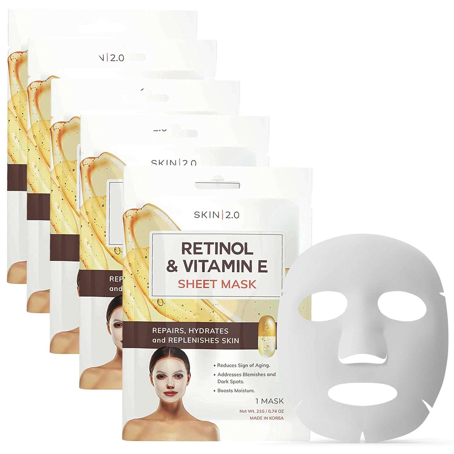Retinol & Vitamin E Sheet Mask - Anti-Aging, Acne Scar & Hyperpigmentation - Hydrating, Dermatologist Tested Korean Skincare - Clean Beauty, Cruelty-Free, All Skin Types - 5 Masks