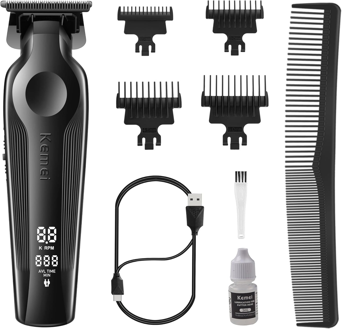 KEMEI Hair Trimmer for Men, Zero Gapped Cordless Hair Clippers Beard Trimmers with T Blade, Rechargeable Barber Clipper with LED Display, Black