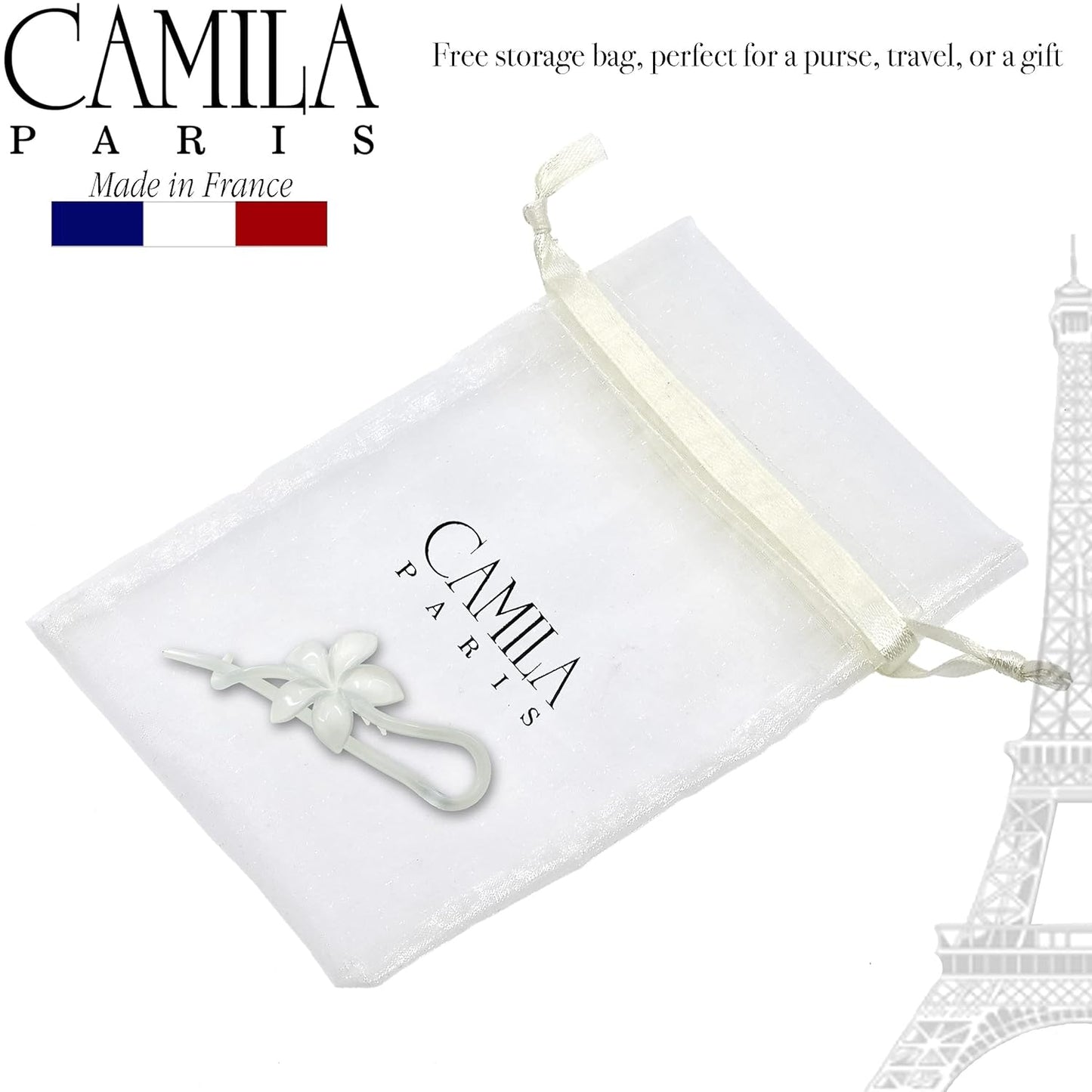 Camila Paris CP3193 French Hair Barrette Pin Clips for Girls, Flower, White, No Metal Parts, Strong Hold Grip Hair Clips for Women, No Slip and Durable Styling Girls Hair Accessories, Made in France
