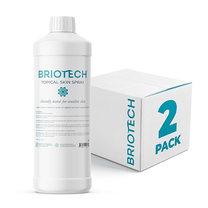 BRIOTECH Topical Skin Spray, Hypochlorous Acid Spray for Body & Face, Eyelid Cleanser, HOCl Facial Mist, Support Against Irritation, Calm Redness, Soothe Foot & Scalp, 1 Liter Refill ea, 2 ct