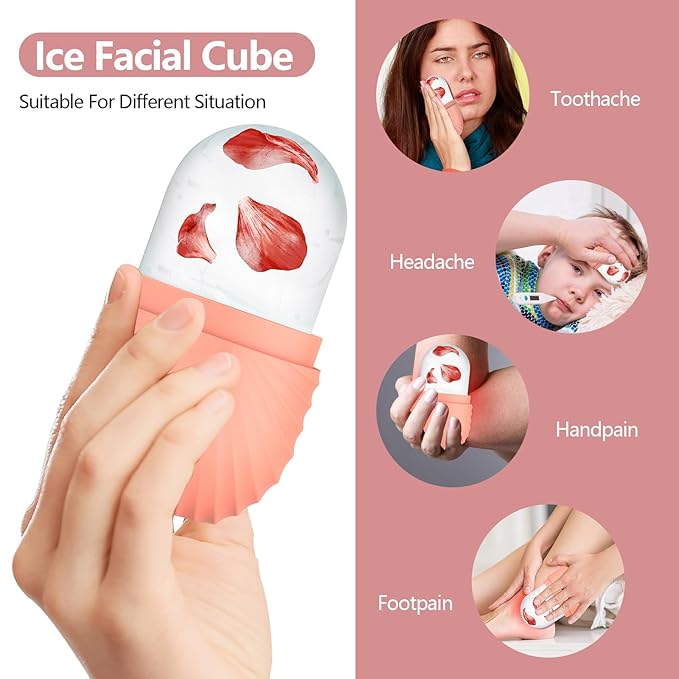 2pcs Ice Roller for Face and Eye, Silicone Ice Facial Roller Ice Holder, Face Ice Mold Skin Care, Face Icers Reusable Ice Cube Roller for Shrink Pores Anti Wrinkle Reduce Puffiness, Pink Green