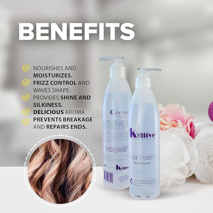 KALIVE Hair Polish with Coconut Oil - Nourishing, Smoothing for Frizzy, Dry, and Damaged Hair - 12 oz, Anti-Frizz Product