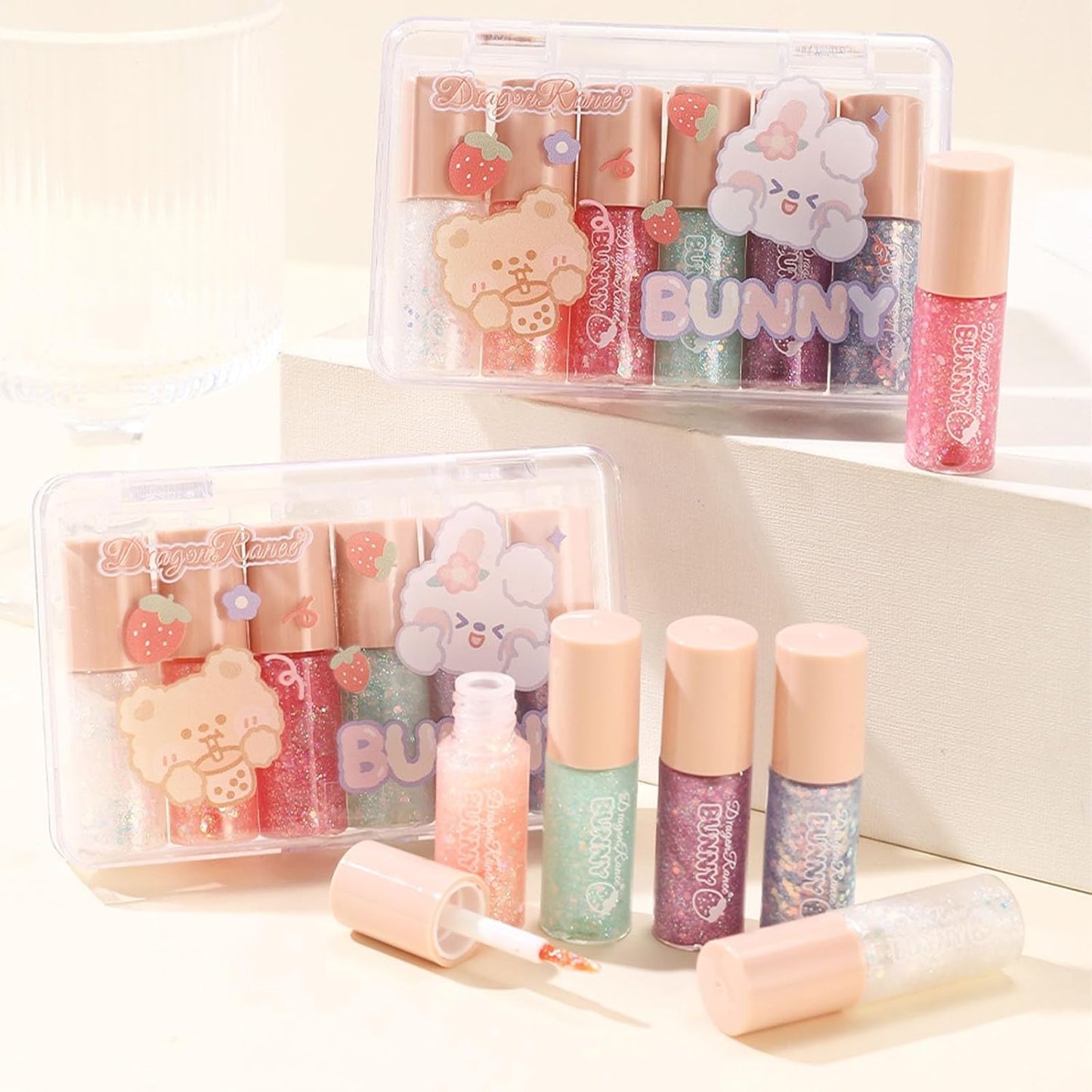 6 Pcs Liquid Glitter Eyeshadow Set Colorful Eyeliner with Long-Lasting and Waterproof Shinning Eye Shadow Gift for Women Eye Makeup (Transparent Bear)