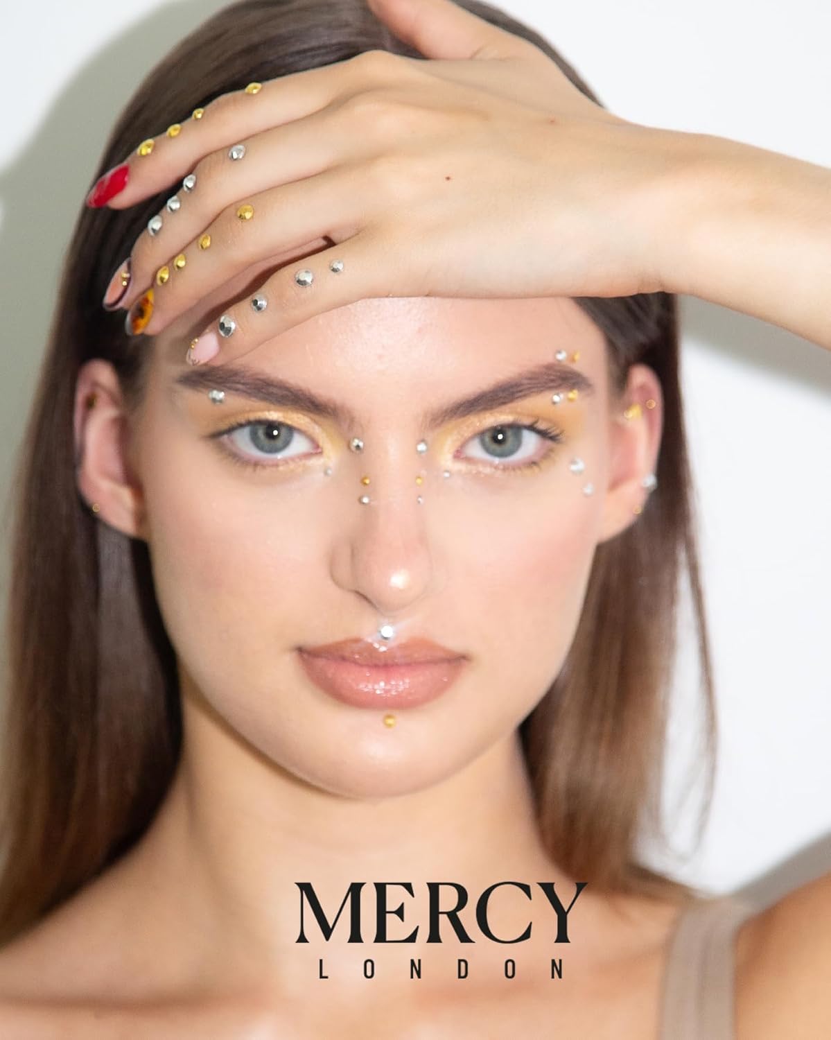 MERCY LONDON Face Gems in Metallic Gold Silver Studs, 866 Self Adhesive Makeup Face Gem Stickers, 4 Sheets, Reusable Eye Gems, DIY Face Gems