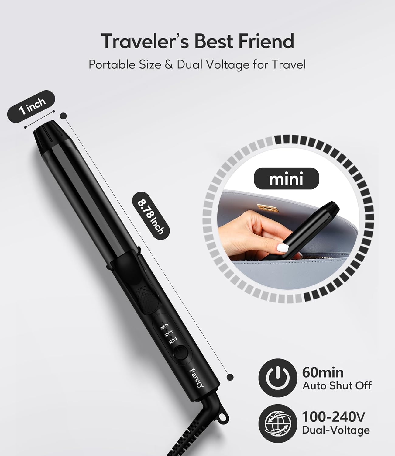 FARERY Travel Curling Iron, 1 Inch Mini Curling Iron Travel Size with 3 Adjustable Temp, Ceramic Mini Hair Curler with Keratin&Argan Oil Infuse, Dual Voltage, Includes Storage Bag