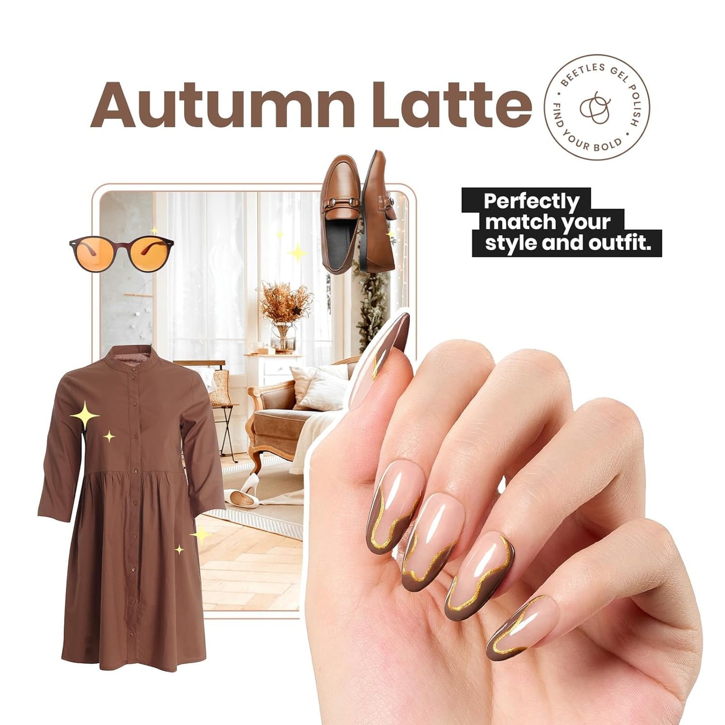 Beetles Mocha Mousse Nail Polish –No UV Needed, Air Dry –Warm Taupe Glossy Lacquer,Fast Drying, Long Lasting, Elegant Neutral Color At-Home DIY & Salon