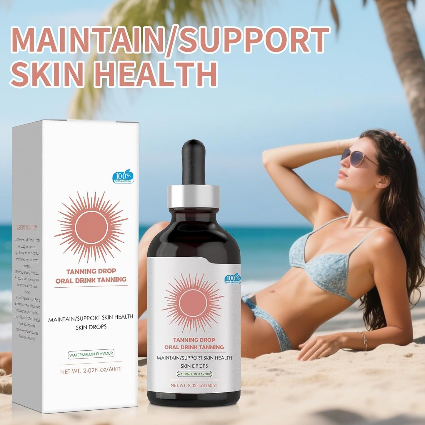 Sunless Tanning Drops To Drink - 100% Natural Watermelon Flavor Tanning Supplement for Skin,Deeply Moisturizes Skin,Hydrating Bronzing Tanner for All Skin(100ML)