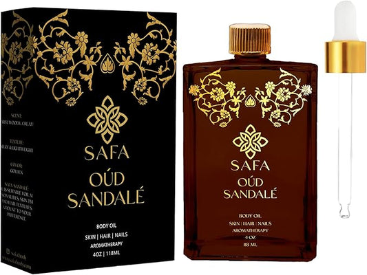 SAFA Oud Sandalé Oil – Organic Oud & Sandalwood Essential Oil for Hair, Body, Face & Nails – Arabian Perfume Oil for Women & Men - Strong & Long Lasting Fragrance - 4 Fl Oz