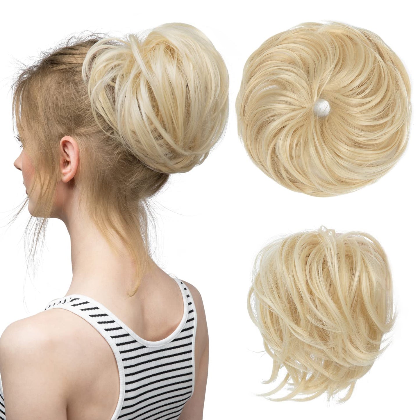 CJL HAIR Large Messy Bun Hair Piece Wavy Curly Scrunchies Synthetic Chignon Ponytail Hair Extensions Thick Updo Hairpieces for Women Beach Blonde