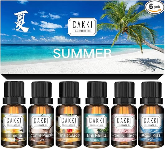 Summer Essential Oils for Diffusers for Home, CAKKI Fragrance Oils Set, 6X10ml with Coconut Passion, Plumeria, Pina Colada, Aqua Kiss, Bali Island, Strawberry, Aromatherapy Oils, for Candles Making