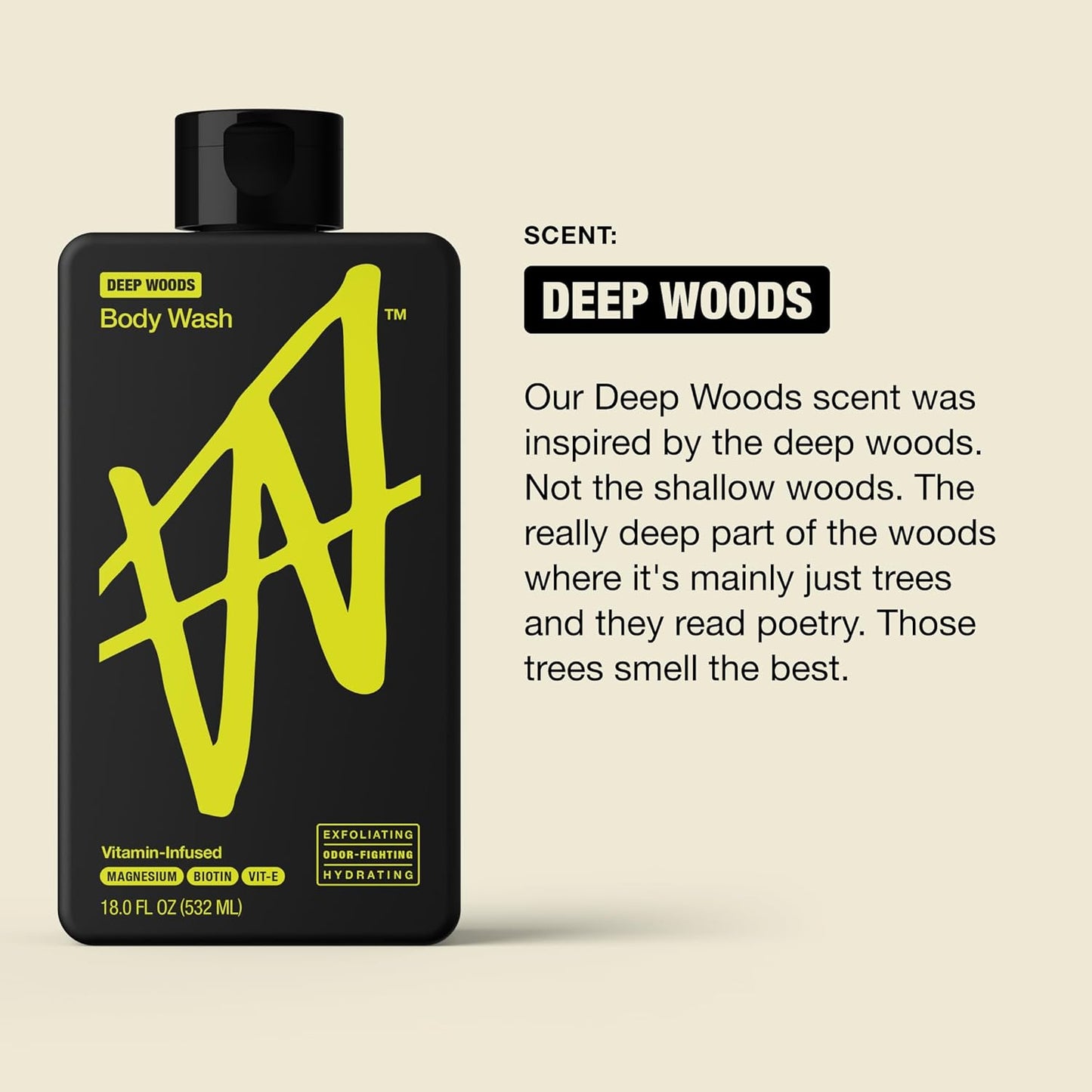W By Jake Paul Exfoliating Body Wash for Men, Vitamin-Infused, Hydrating Shower Gel, Deep Woods, 18 fl oz