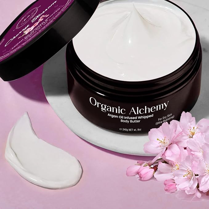 Whipped Argan Oil Body Butter for Dry Skin, Anti-Aging Body Cream Made for Women - Natural Skin Care, 8 OZ (Japanese Cherry Blossom)