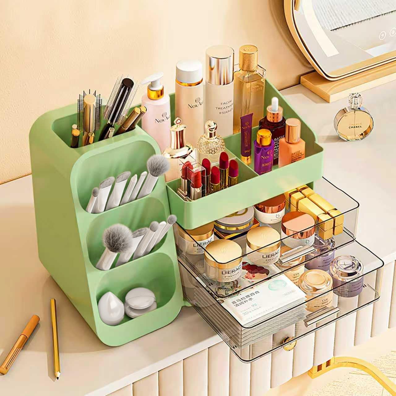 Makeup Organizer with Drawers,Large Capacity Countertop Organizer for Vanity,Bathroom and Bedroom Desk Cosmetics Organizer,Easy To Storage Skincare,Brushes,Lotions,Lipstick (Green)