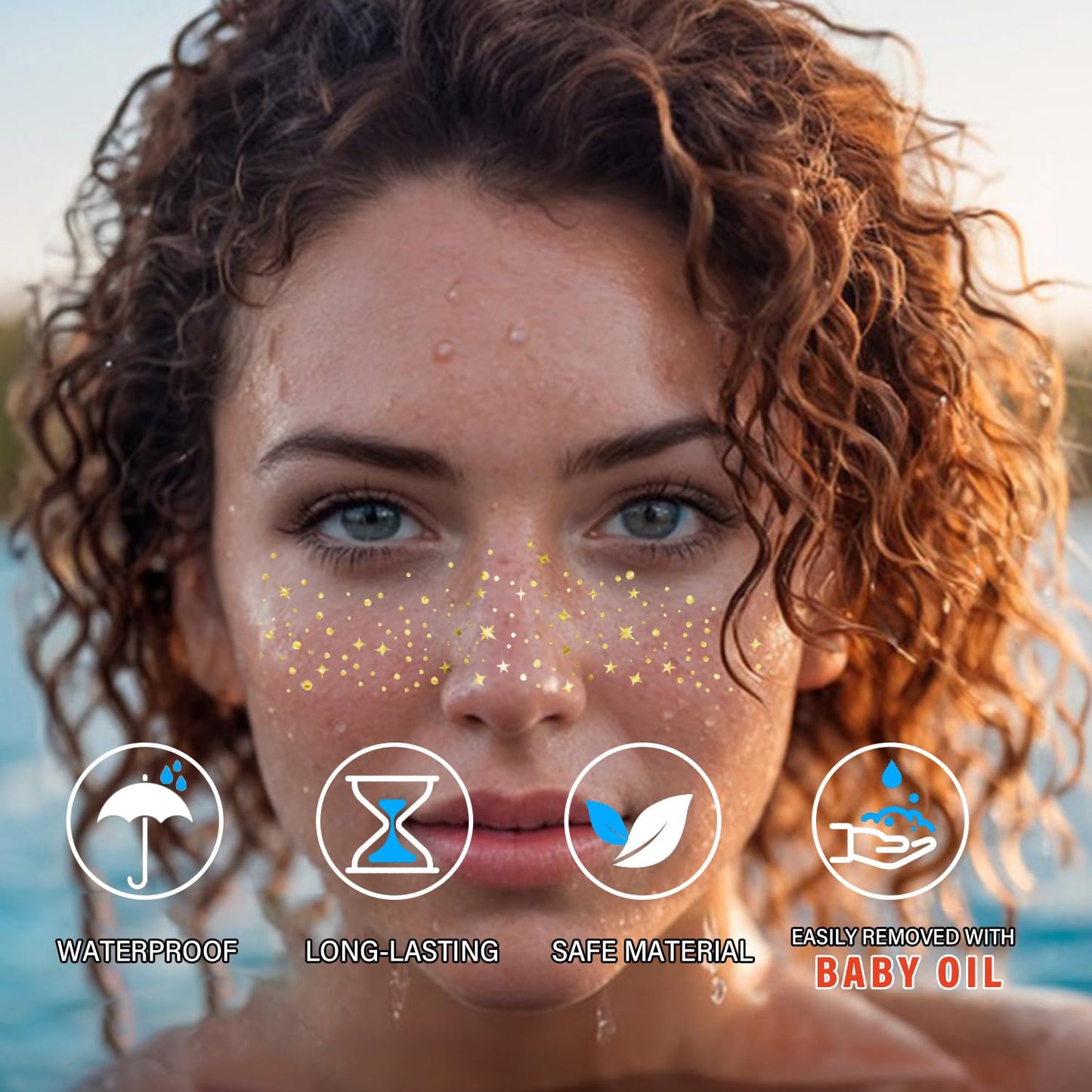 8 Pcs Gold Face Makeup Patches, Gold Glitter Freckles Face Tattoo, Glitter Freckles, Sparkle Makeup Patches, Waterproof Face Glitter Speckles Patches for Women