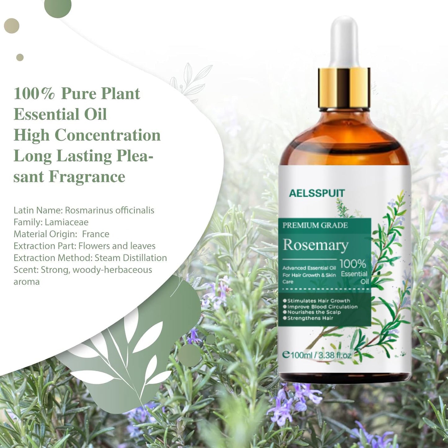 Rosemary Essential Oil for Hair Growth & Scalp Care - 3.38 Fl Oz (100ml) 100% Pure Organic Cold Pressed Oil in Glass Bottle - Aromatherapy Diffuser, Skin & Nail Treatment(Large, Rosemary)