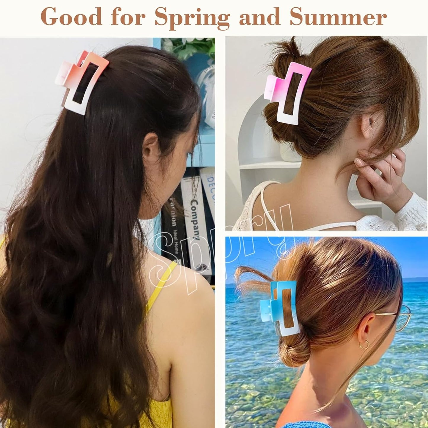 Medium Rectangle Matte Claw Clips for Women Thin Hair, Gradient Color, Set of 3 (Light Pink, Purple & Green)