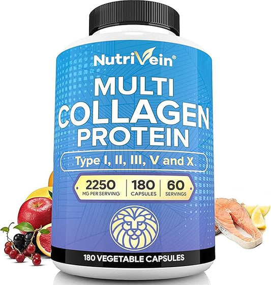 Nutrivein Premium Multi Collagen Pills 2250 mg - 180 Easy-to-Swallow Collagen Capsules: Type I, II, III, V, X Hydrolyzed Protein Peptides for Women and Men - Aging, Joints, Hair, Skin, Bones, & Nails