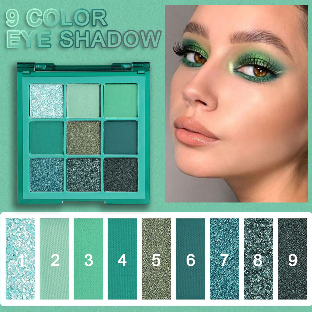 evpct 9 Colors Teal Eyeshadow Palette, Turquoise Cyan Light Blue Dark Green Glitter Metallic Shimmer Sparkly Eye Shadow Palette Makeup for Older Women Blue Eyes, Waterproof Highly Pigmented Eyeshadow