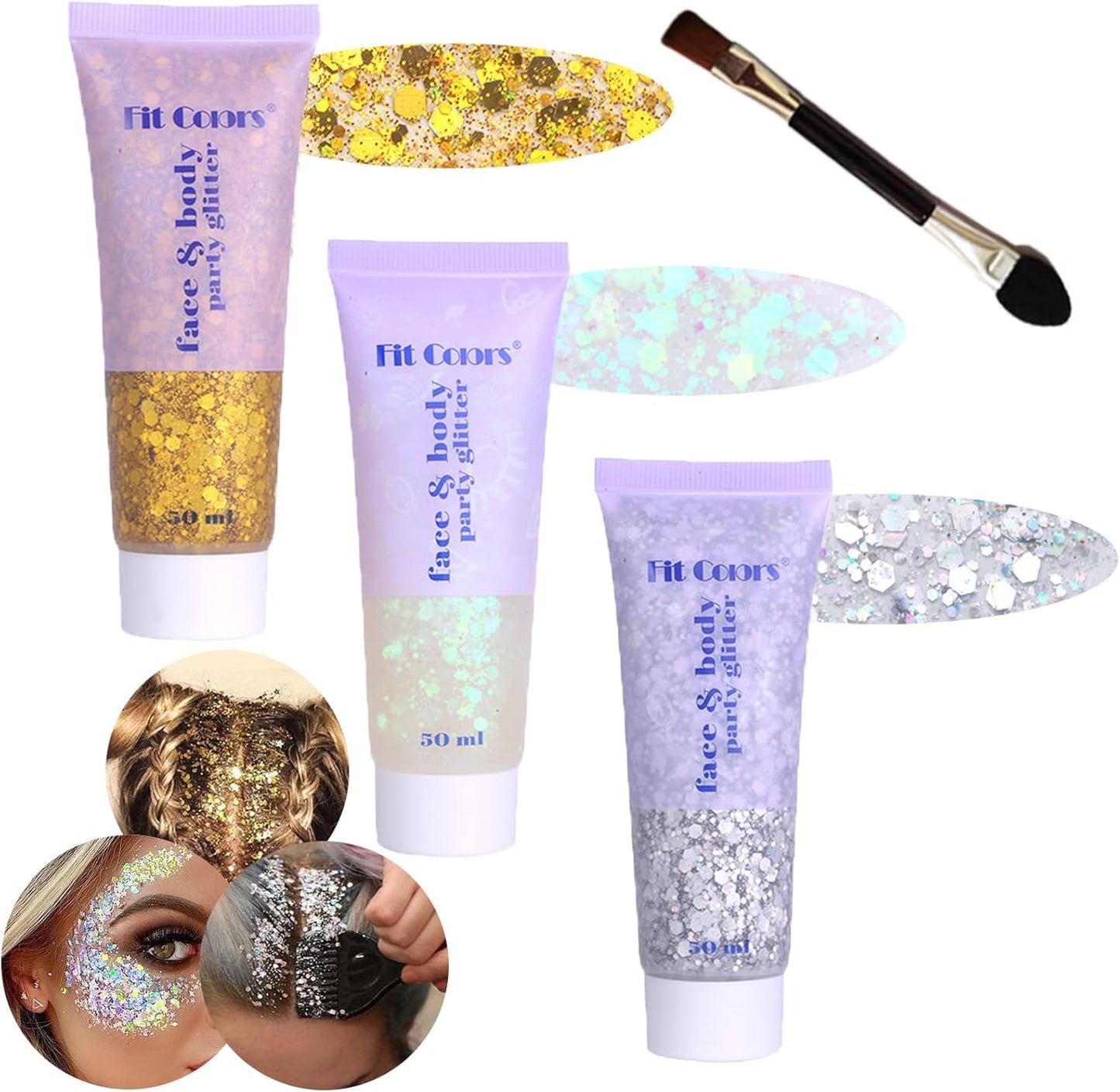 Body Glitter Face Glitter Gel: Singer Concerts Disco Festival Rave Accessories Face Glitter Makeup 150ml Chunky Sequins Mermaid Face Body Hair Glitter Gel (White&Silver&Gold)