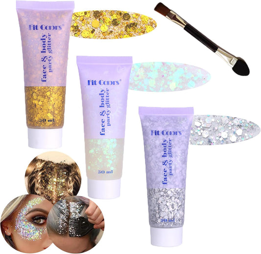 Body Glitter Face Glitter Gel: Singer Concerts Disco Festival Rave Accessories Face Glitter Makeup 150ml Chunky Sequins Mermaid Face Body Hair Glitter Gel (White&Silver&Gold)