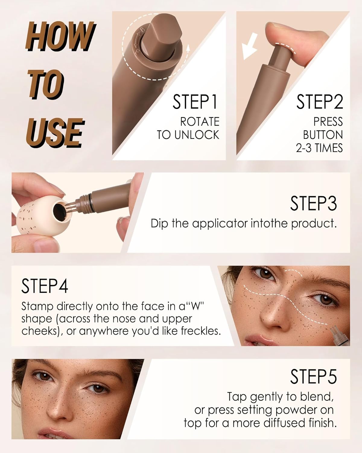 Freckle Stamp Cushion, Vivid Natural Faux Freckles Pen, Long Lasting Waterproof Quick Dry Lifelike Fake Freckle Stamp Pencil, Get Sun-kissed Stars Makeup in One Press, Makeup Gift for Women Girl-01