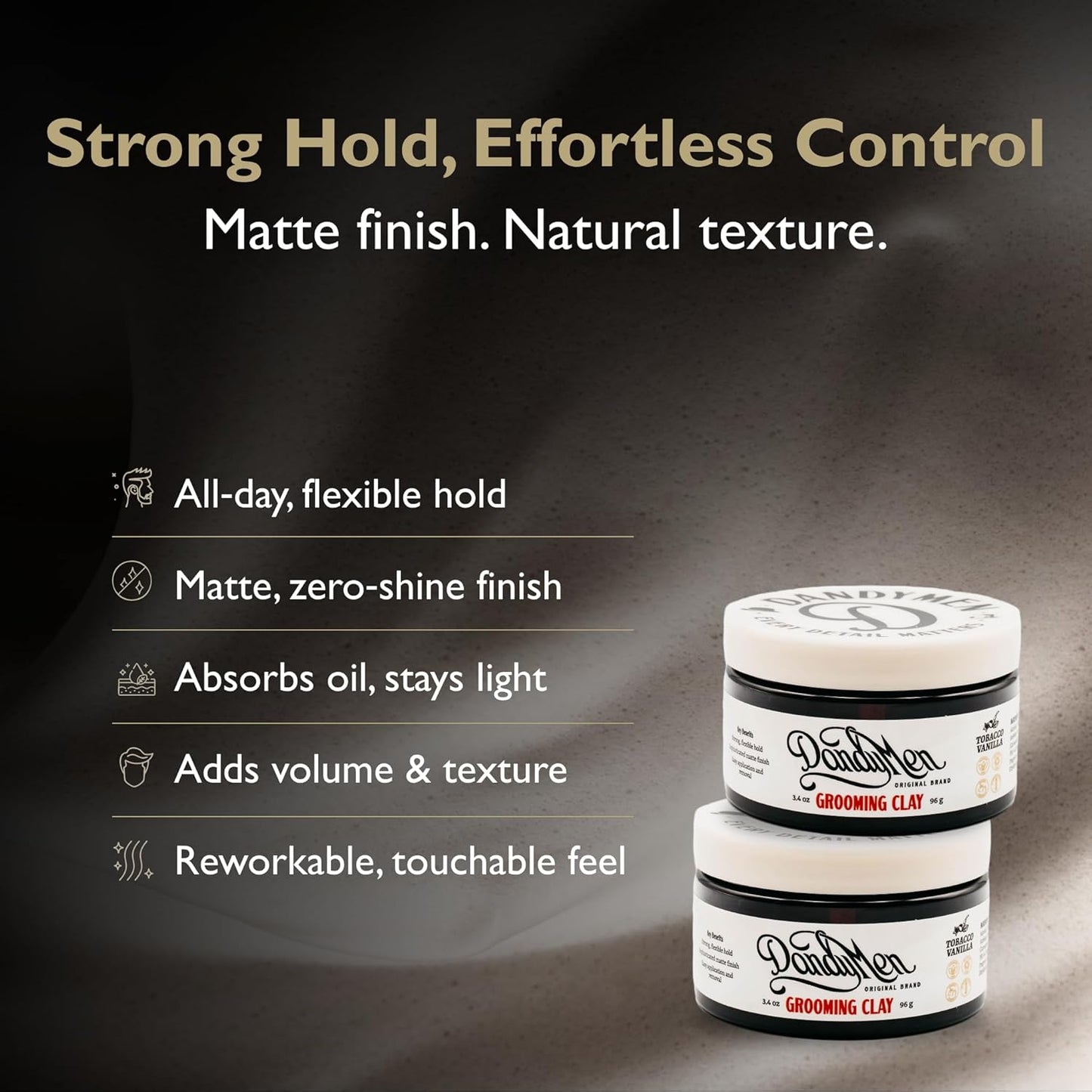 Grooming Clay – Strong Hold, Natural Matte Finish, and Flexible Styling with Kaolin Clay & Beeswax – Tobacco Vanilla Scent – 3.4 oz (2-pack)