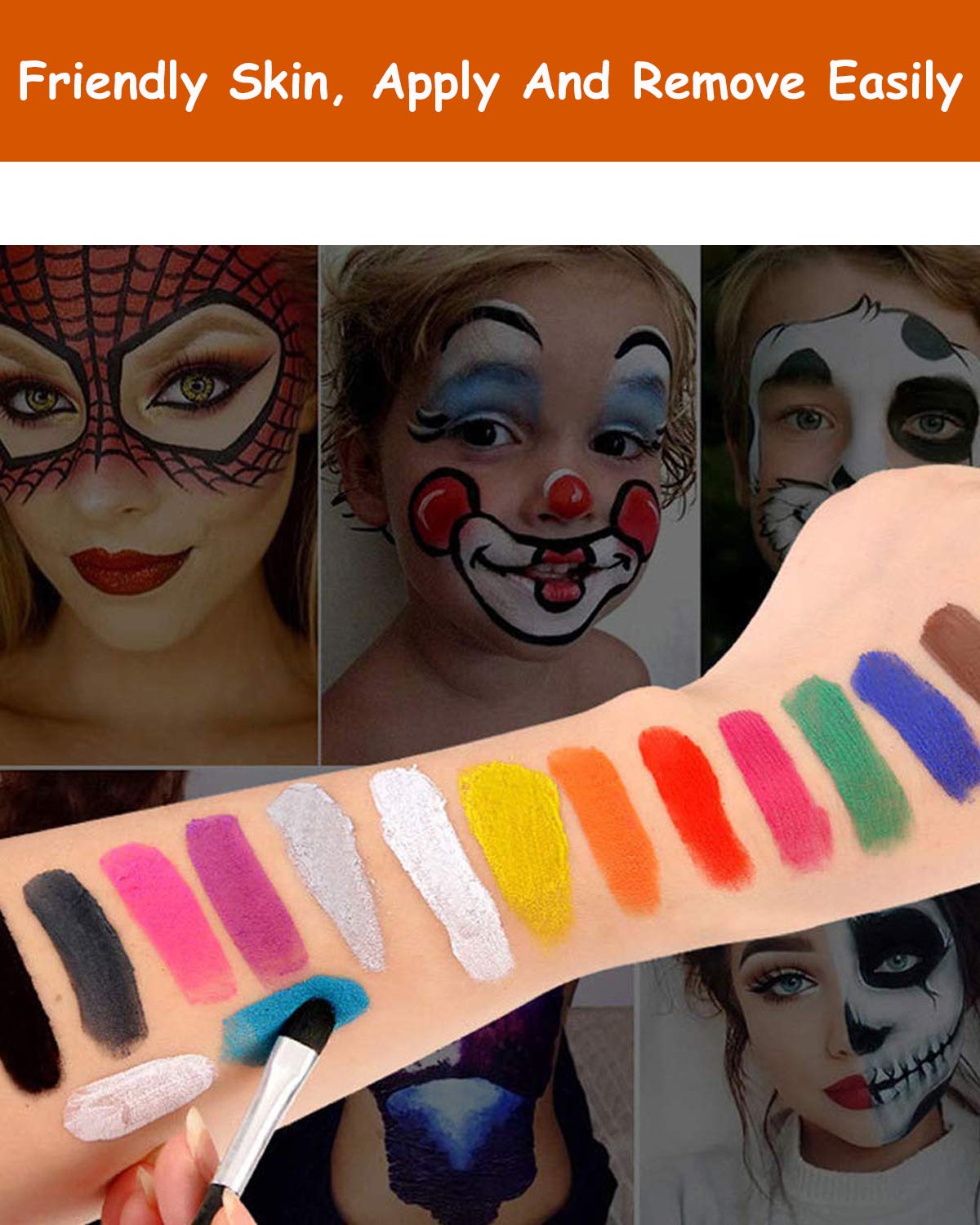 Face Paint Kit for Kids Adults, Professional Black White Paint Face Body Painting, 15 Colors with 2 Paint Brushes 32 Stencils, Hypoallergenic Safe Non-Toxic, Ideal Halloween Party Festivals Costumes