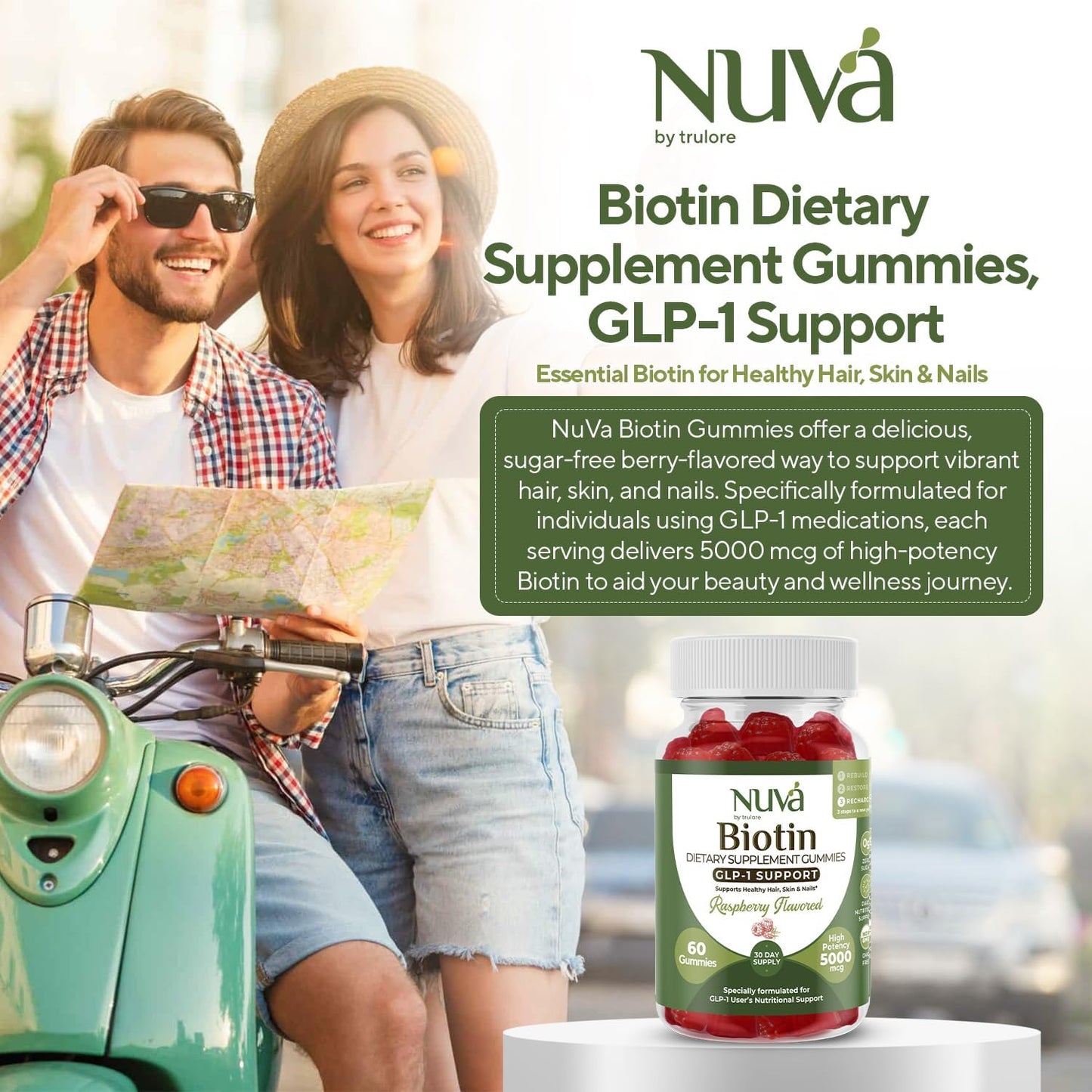 NuVa by Trulore Biotin Gummies 5000 mcg | GLP-1 Support for Hair Growth, Skin & Nails | Zero Sugar, Vegan Gummy Vitamins for Men & Women | Raspberry Flavor | 60 Gummies - 30 Day Supply