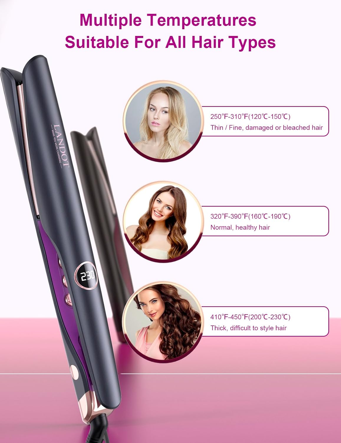 LANDOT 2-in-1 Hair Straightener and Curler - Twist Flat Iron Curling Iron for Smooth Curls & Sleek Straight Salon Results - Dual Voltage Ceramic Straightener Adjustable Temp for All Hair Types