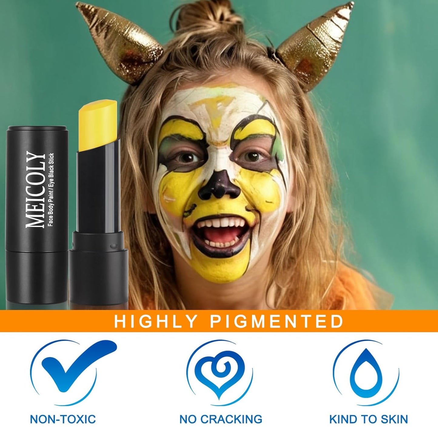 MEICOLY Yellow Face Paint Stick for Halloween SFX Lion Tiger Cosplay Makeup,Yellow Body Paint Stick for Field Day,Face Painting for Adults Kids,Waterproof Eye Black Baseball Softball Football Lacrosse