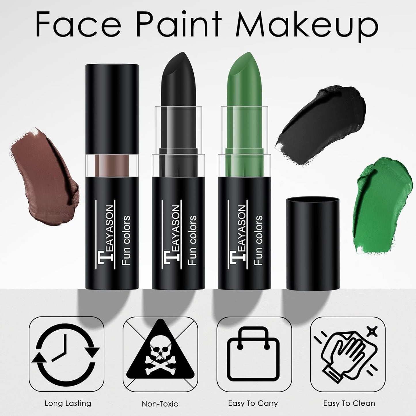 3 Colors Black Brown Green Face Body Paint Stick, Eye Black Baseball Sticks Camo Face Paint for Baseball/Football/Halloween/CS/Hunting/SFX Makeup Cream Face& Body Paint Easy to Blend-