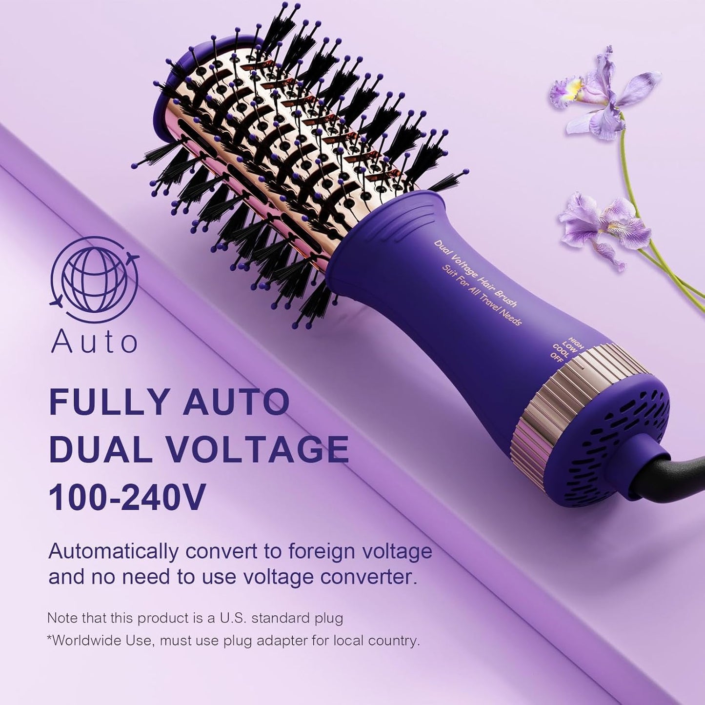 Hair Dryer Brush Blow Dry Brush in One, 2 Inch Oval Shape Hot Air Brush, Travel Hair Tools/Volumizer/Straightener/Curler, European Blow Dry Brush with Universal Adapter