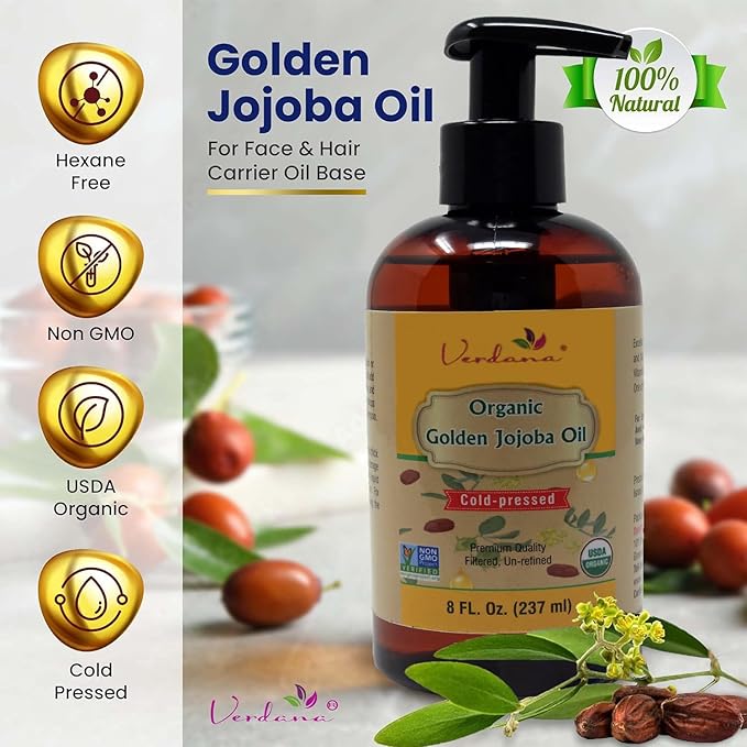 Verdana Organic Golden Jojoba Oil – 8 fl oz with Pump - USDA, Non-GMO - Cold Pressed, Unrefined, Hexane Free - Bulk, Moisturizing Oil for Skin, Body, Face, Hair, Scalp, Nails and Cuticles
