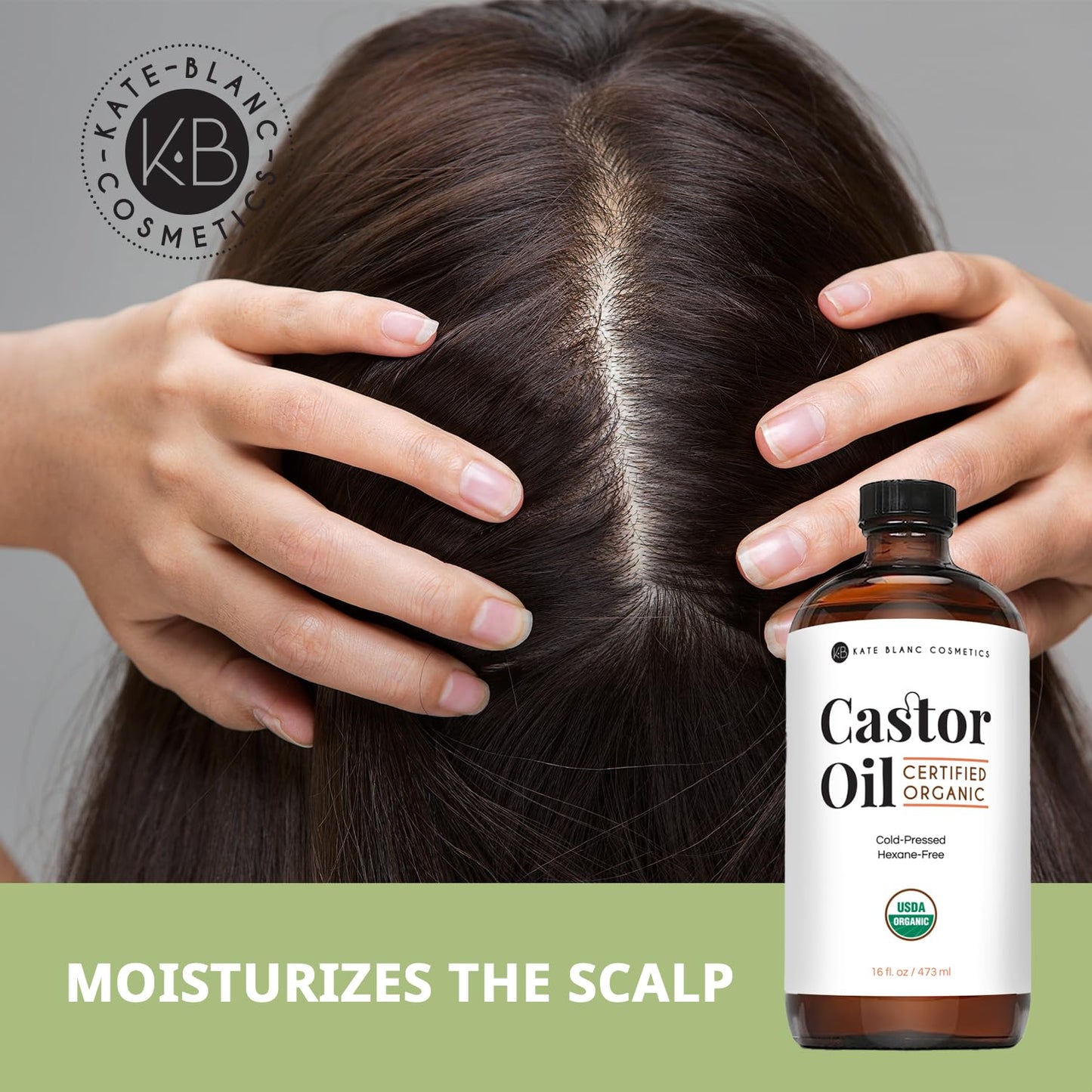 Kate Blanc Cosmetics Castor Oil Organic (16oz), 100% Pure, Cold Pressed, Hexane Free, Glass Bottle. Natural Oil for Hair, Eyelashes, Eyebrows. Skin Moisturizer with Starter Kit