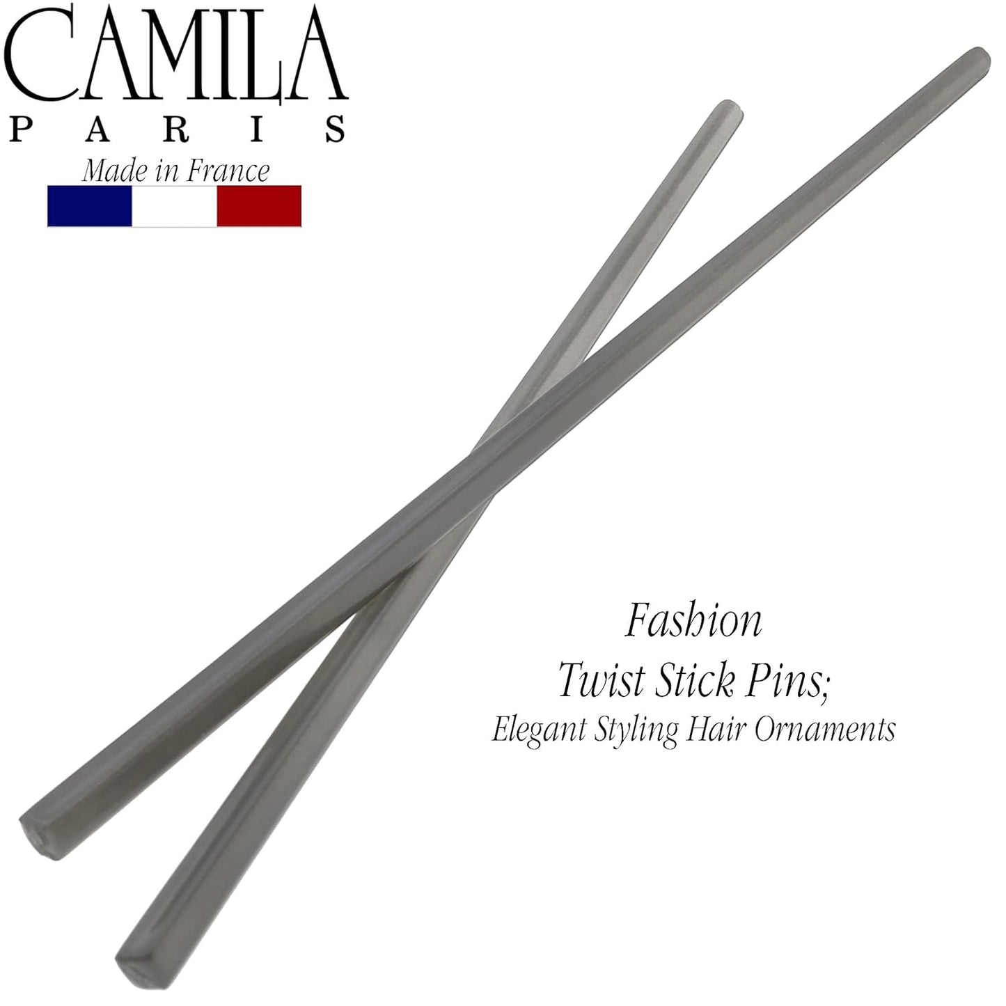 Camila Paris CP3381 French Twist Stick Hair Pin, Set of 2 Gray, Girls Chopsticks Hair Pins for Girls Spiral Updo Chignon Bun Holder, Styling Hair Accessories for Women, Made in France
