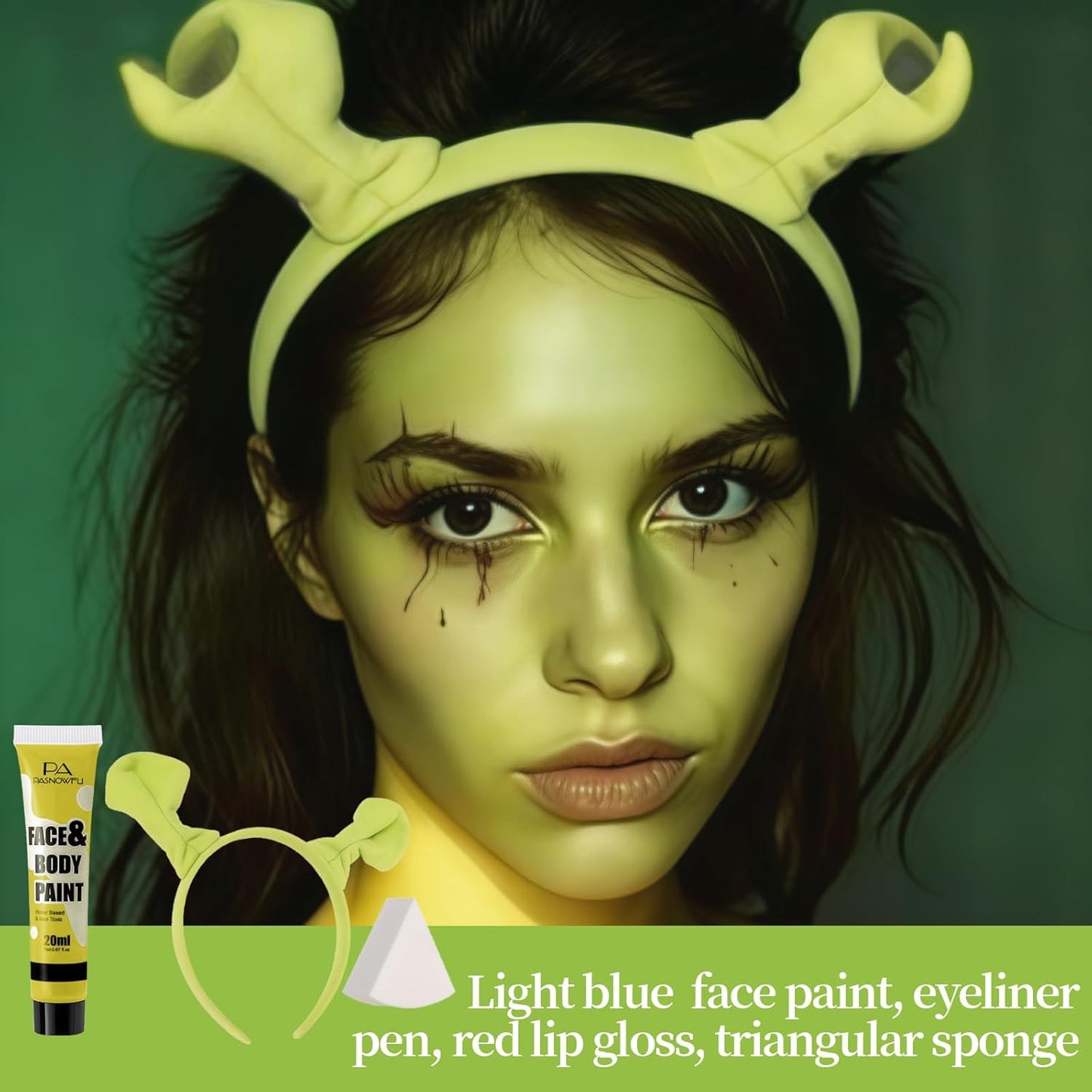Halloween Makeup Kit for Shrek, Water-Based Non-Toxic Face Paint Set with Headband, Ogre Green Face Paint for Halloween Cosplay SFX Makeup, Costume Parties, Theatre,Stage Shows