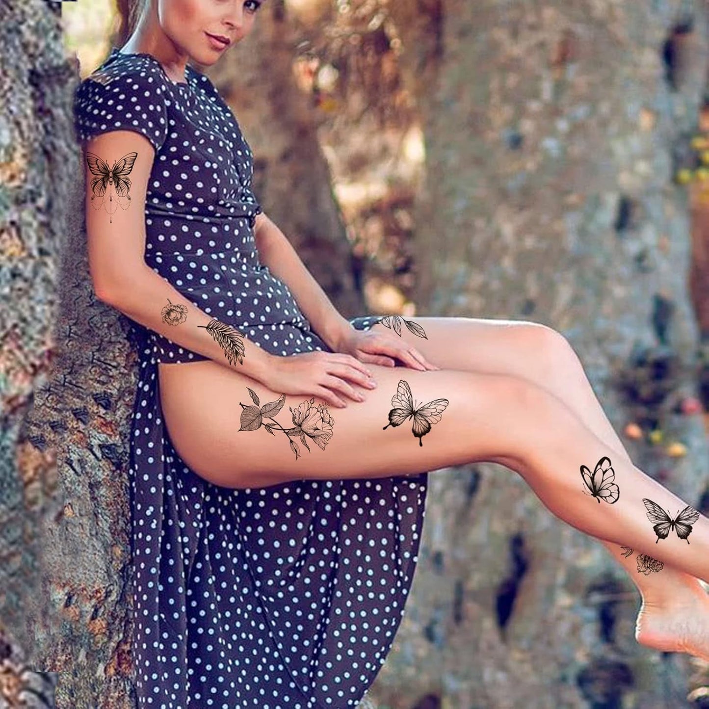 Tazimi 6 Sheets Black Flower Butterfly Temporary Tattoos For Women Girls Long Lasting Realistic Waterproof Fake Tattoos Arm Legs Chest Body Art Sketch Tattoo Stickers