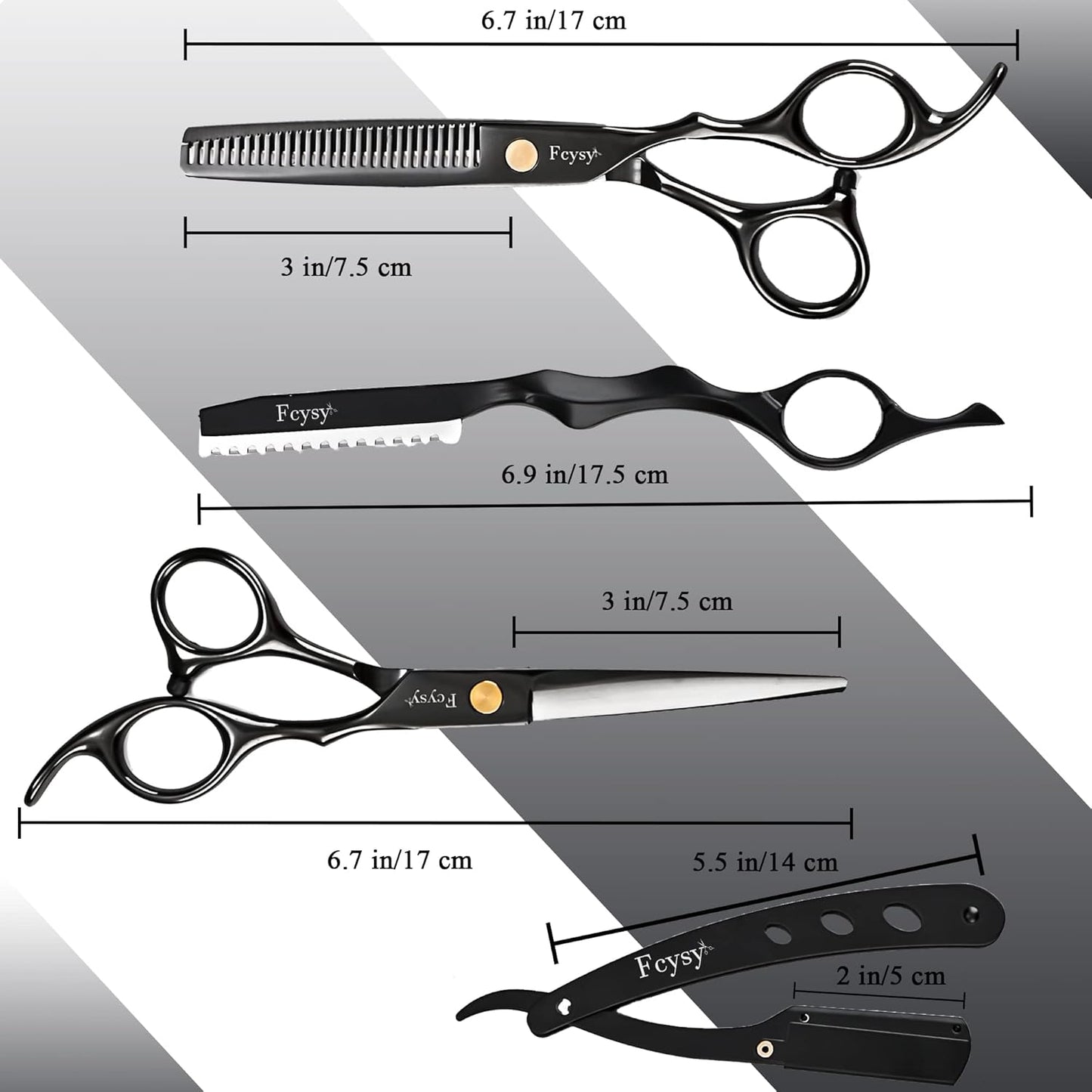 Hair Cutting Scissors Thinning Shears Kit for Haircutting, Fcysy Professional Barber Scissors Set, Black Haircut Scissor Blending Shears Straight Edge Razor Barber Supplies for Men Women