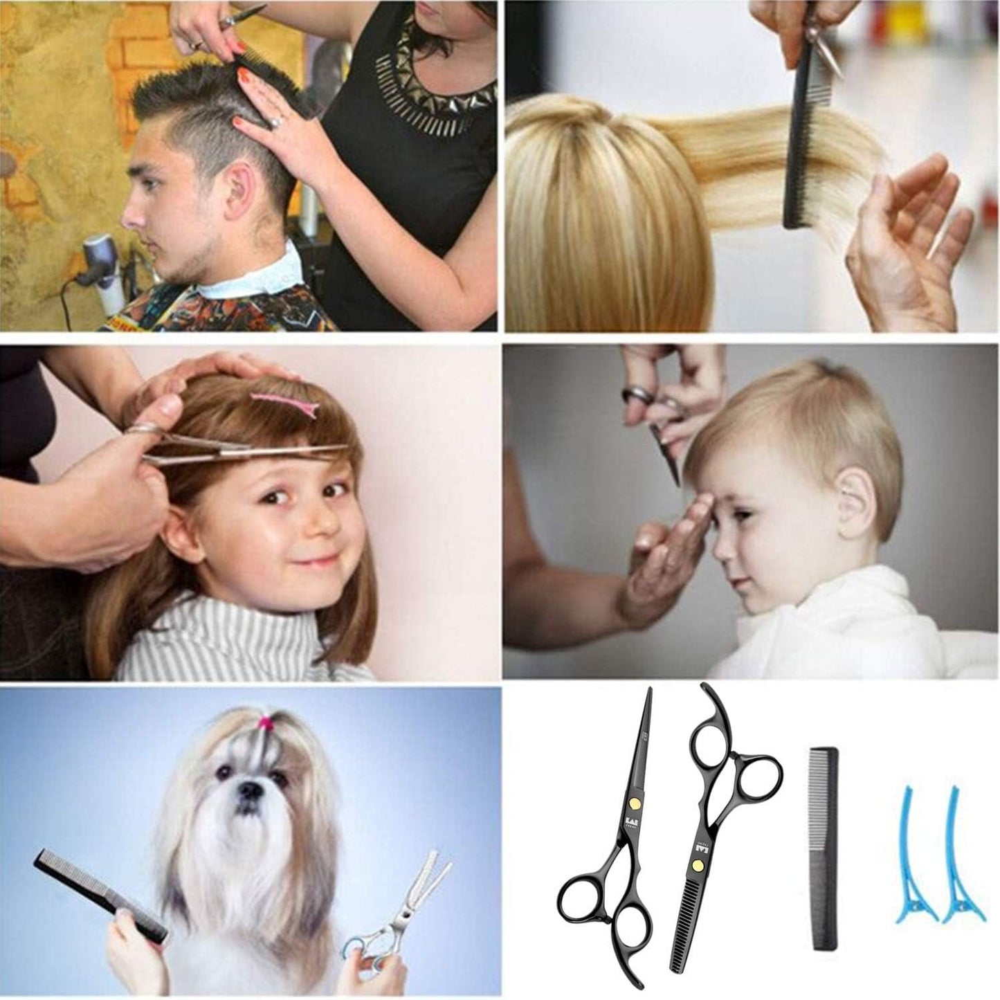 Professional Hair Cutting Scissors Shears Barber Thinning Set Kit- Family Hair Cutting,Barber Hair Cutting Tool Thinning texturizing (Black 6")