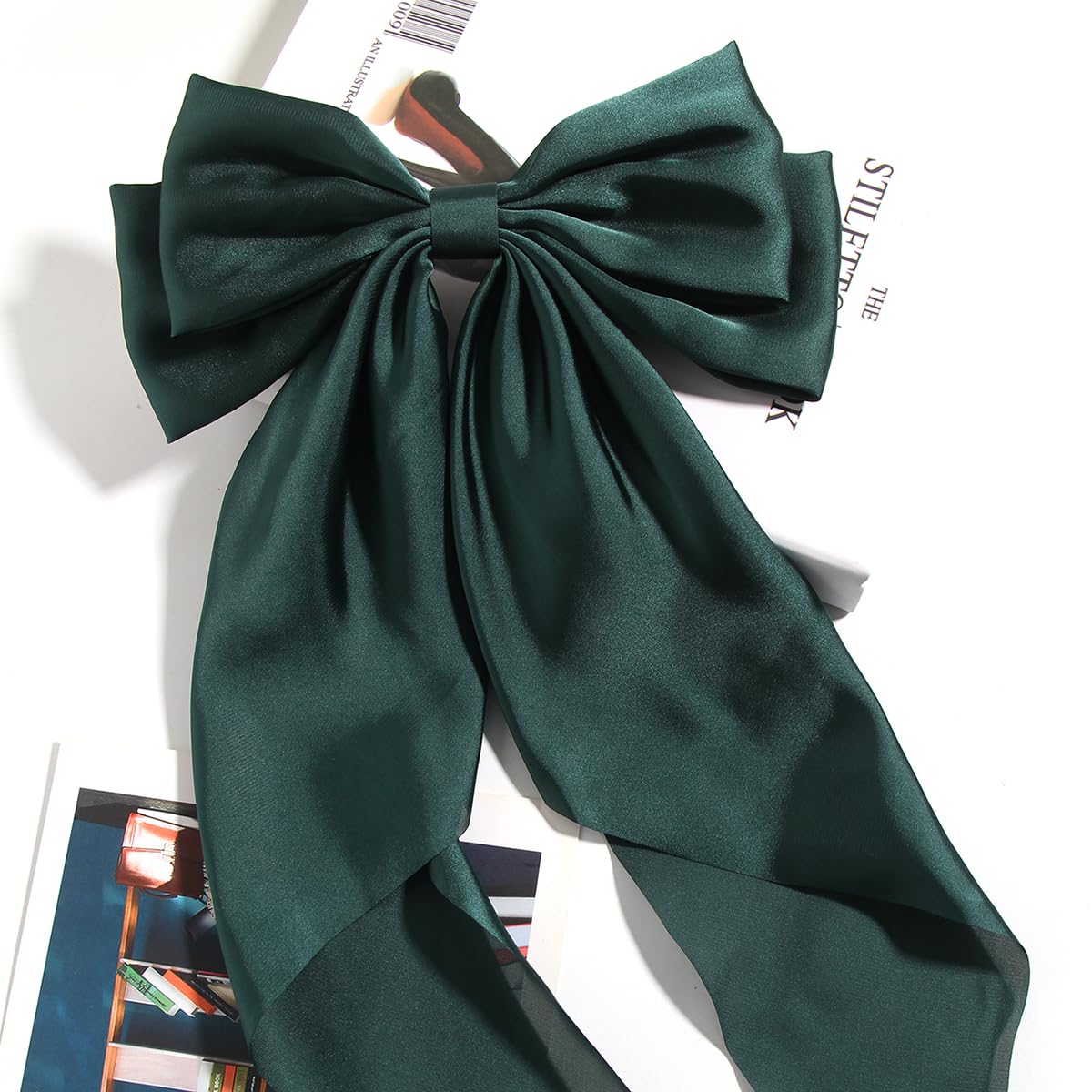 SUSULU Satin Bow Hair Clips for Women,Big Green Hair Bows Hair Slides Metal Clips Long Ribbon Hairpin Girls Barrettes Party Half-Updo Ponytail Accessories 2pcs