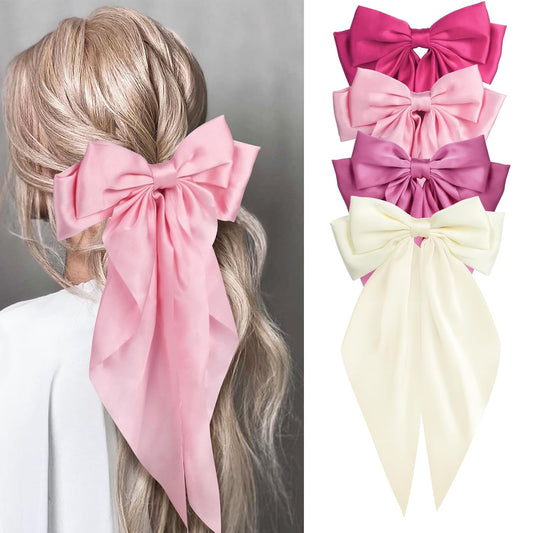Silky Satin Hair Bows for Women Girls - 4PCS Ribbon Bows for Hair, Big Bow Hair Clips with Long Tail, Barrettes - Cute Hair Accessories Gifts (Hot Pink, Light Pink, Royal Pink, Beige)