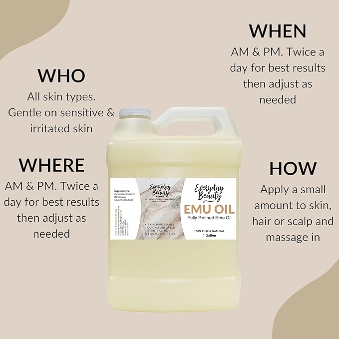 Emu Oil Bulk - 1 Gallon Pure & All Natural Refined Australian Emu Oil for Face, Skin and Hair - Great for Sensitive Skin and Hair Growth - For Scars and Piercings - High in Omega 3,6 and 9 Fatty Acids