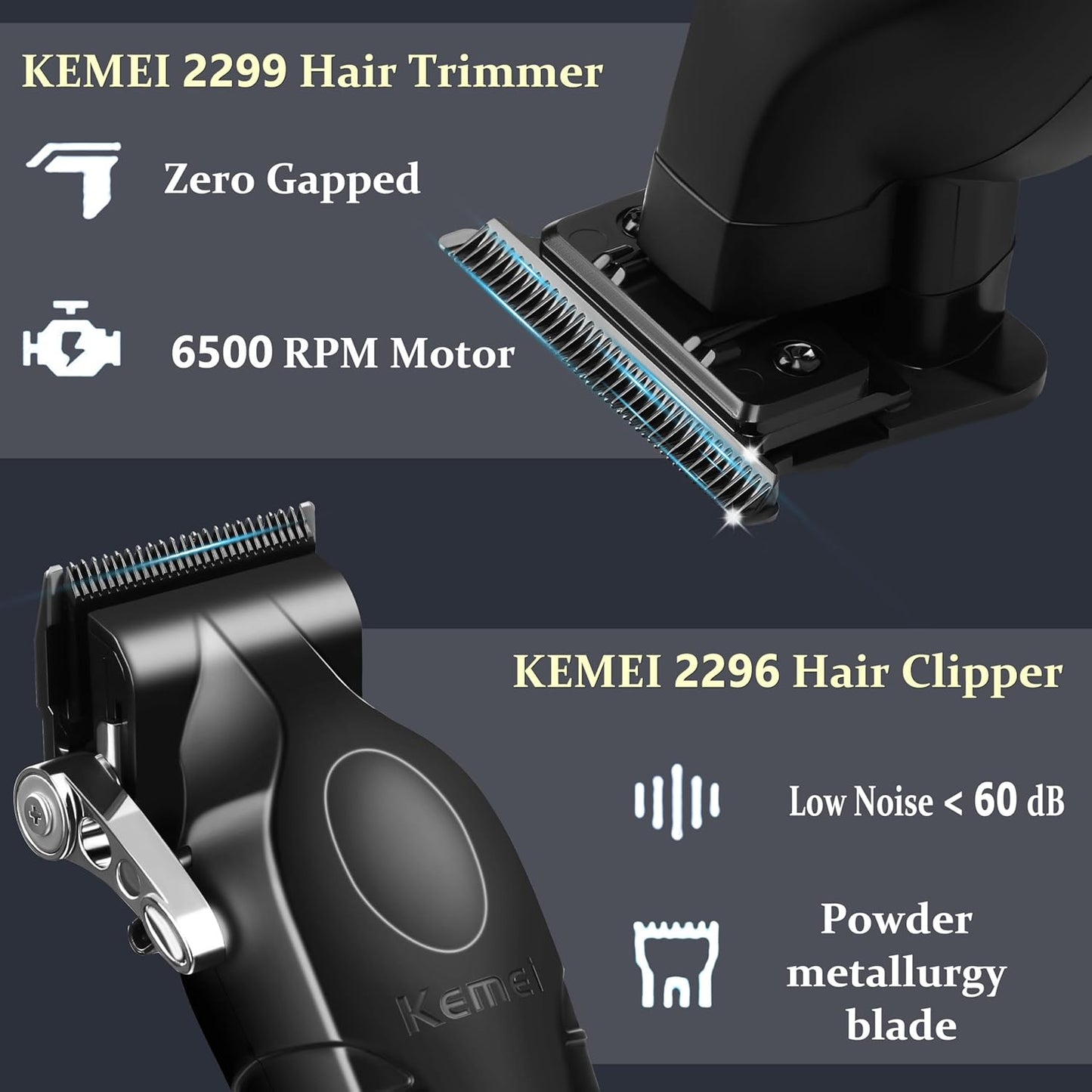 KEMEI Professional Hair Clipper and Trimmers Set, Cordless Barber Clippers, Beard Trimmer, Electric Foil Shaver with Replacement Heads, KM-2299, KM-2296, KM-1102