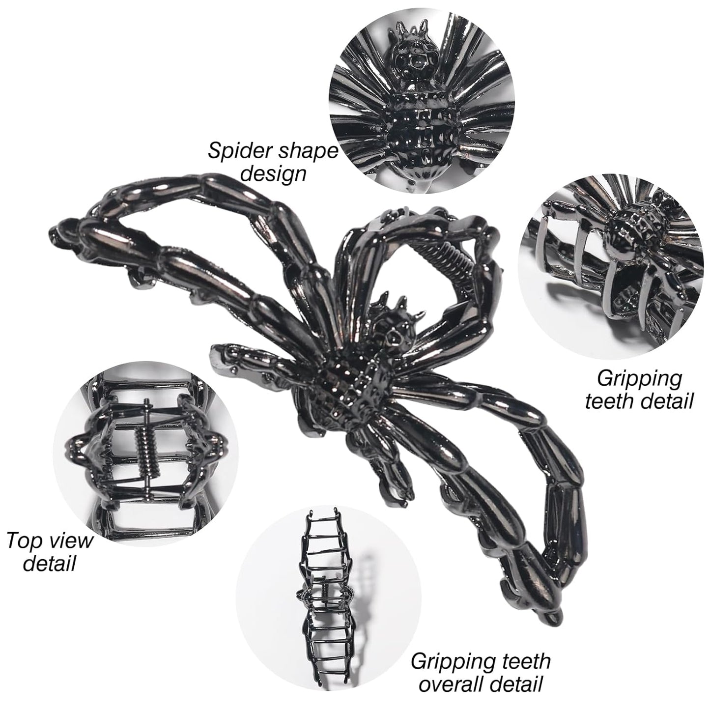 Halloween Spider Hair Claw Clips - Metal Black Alloy Nonslip Terror Spider Strong Hold Gothic Catch Clips for Women's Thick or Thin Hairs