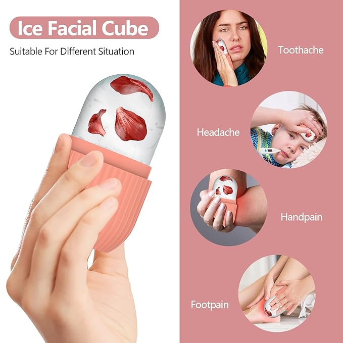 Ice Roller for Face and Eye, Silicone Ice Facial Roller Ice Holder, Face Ice Mold Skin Care, Face Icers Reusable Ice Cube Roller for Shrink Pores Anti Wrinkle Reduce Puffiness, Pink