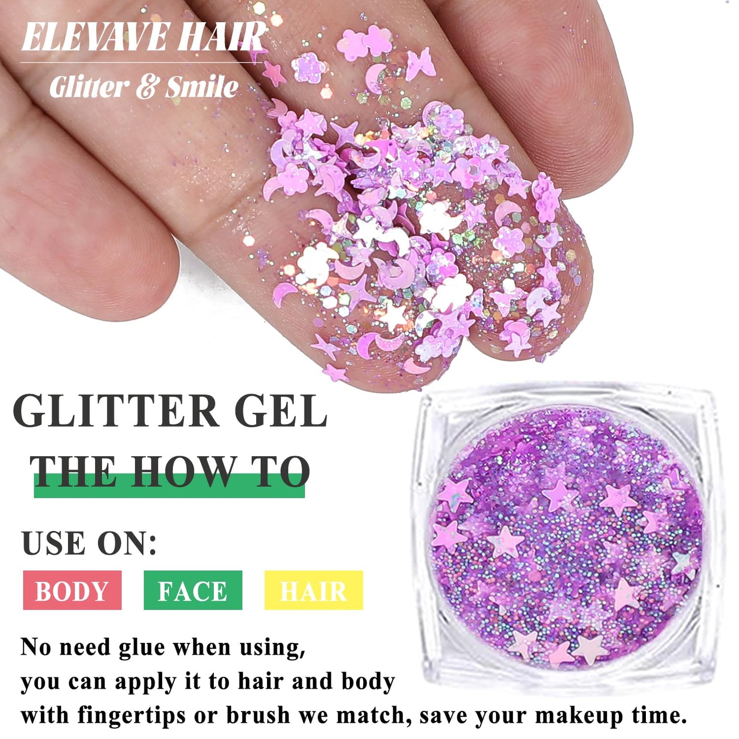 Body Glitter Face Glitter, Hair Glitter for Kids, 12 Shapes Fine Chunky Glitter Gel for Women Girls Makeup Sparkles Party Mermaid Sequins Rave Accessories Singer Concerts Festival (Purple Scheme)