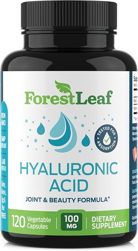 ForestLeaf Hyaluronic Acid Supplements | 100mg High Bioavailable Dietary Hyaluronic Acid Capsules, Pills + 50mg VIT C | Supports Skin Hydration, Joint Lubrication, Anti-Aging, Hair & Nails | 120 Caps