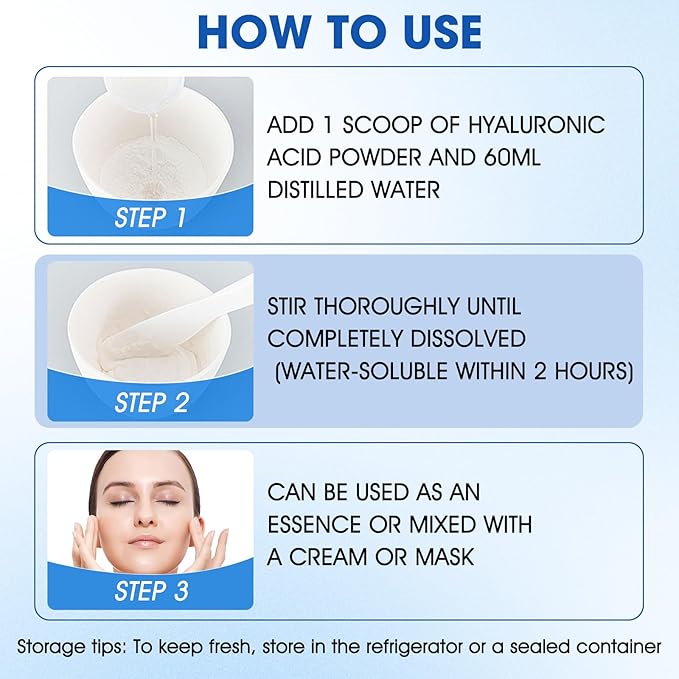 Hyaluronic Acid Powder, Hyaluronic Acid Powder for Skin Care, Low Molecular Weight, Vegan Cosmetic Grade, Water-Soluble Moisturizing Ingredient for DIY Facial Serum & Anti-Aging Skincare